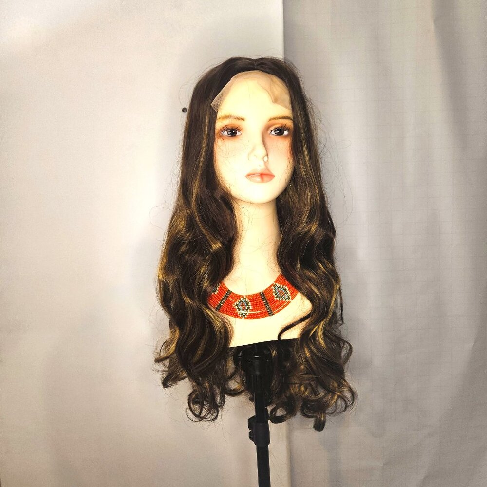 Lace Front 30” Long Body-Wave Rich Brunette Synthetic Wig Honey Blonde Streaks